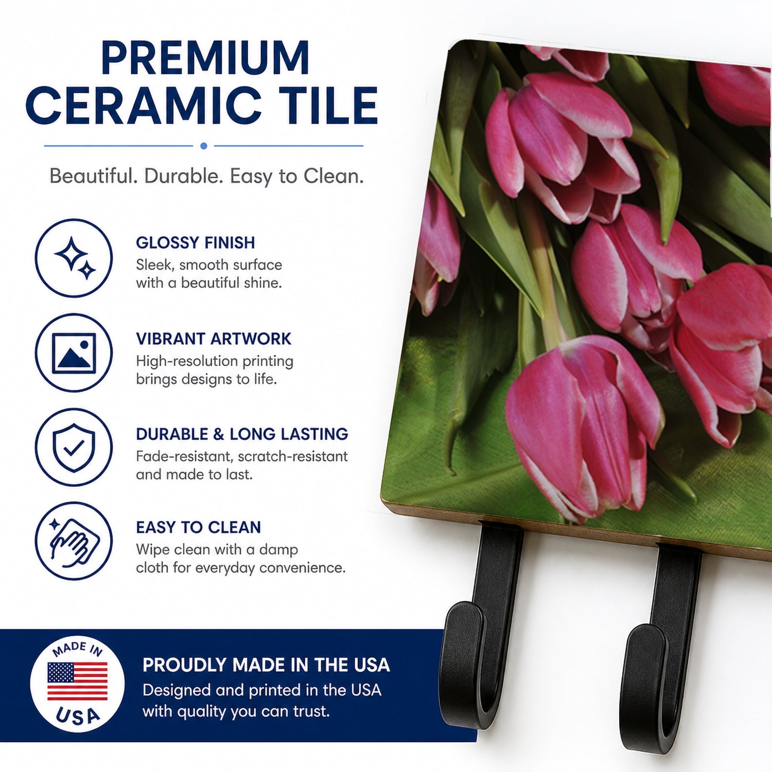Pink Tulips Leash or Key Holder Wall Hooks, Coat Rack Wall Mount, for Hanging Keys, Towels, Aprons, Leashes