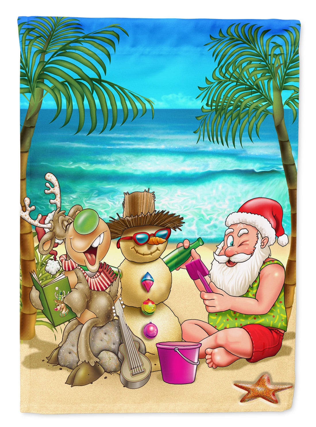 Beach Christmas Santa Claus and Sandman House Flag 28x40 Porch Sleeve Pole Decorative Outside Yard Banner Artwork Wall Hanging, Polyester