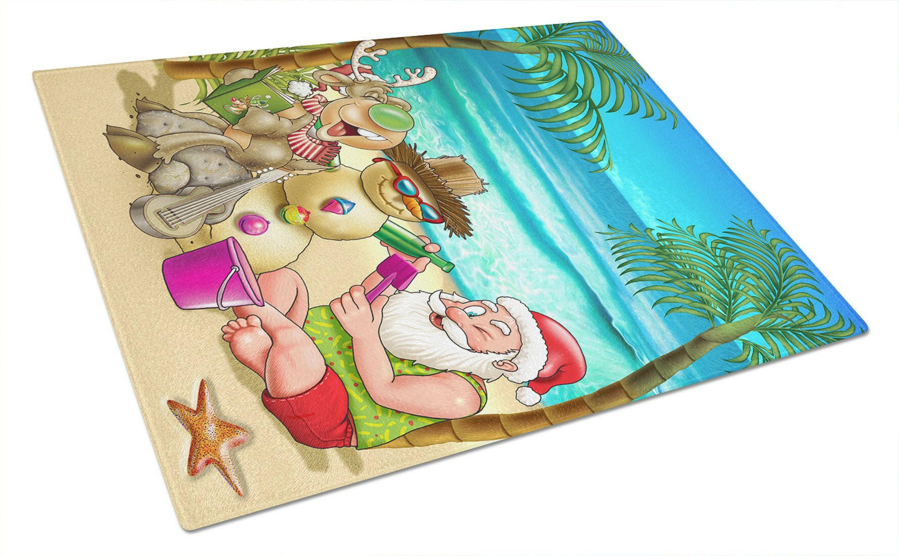 Beach Christmas Santa Claus and Sandman Cutting Board Tempered Glass Kitchen Cutting Surface, Heat Resistant Chopping, Non-Slip Feet, Food Prep & Serving