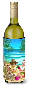 Beach Christmas Santa Claus and Sandman Wine Bottle Hugger Gift Sleeve for Standard 750 ml Bottles, Insulated Reusable Also Fits Mini Shot & Pint Bottles