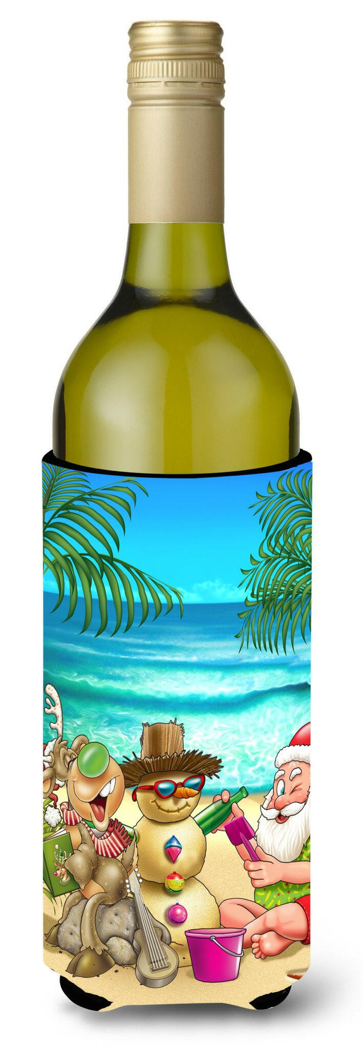 Beach Christmas Santa Claus and Sandman Wine Bottle Hugger Gift Sleeve for Standard 750 ml Bottles, Insulated Reusable Also Fits Mini Shot & Pint Bottles