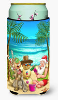Beach Christmas Santa Claus and Sandman Tall Boy Hugger Can Cooler Sleeve Machine Washable Drink Collapsible Insulator Beverage Insulated Holder