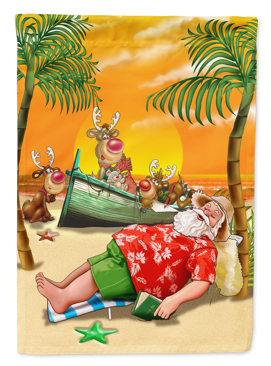 Beach Christmas Santa Claus Napping House Flag 28x40 Porch Sleeve Pole Decorative Outside Yard Banner Artwork Wall Hanging, Polyester