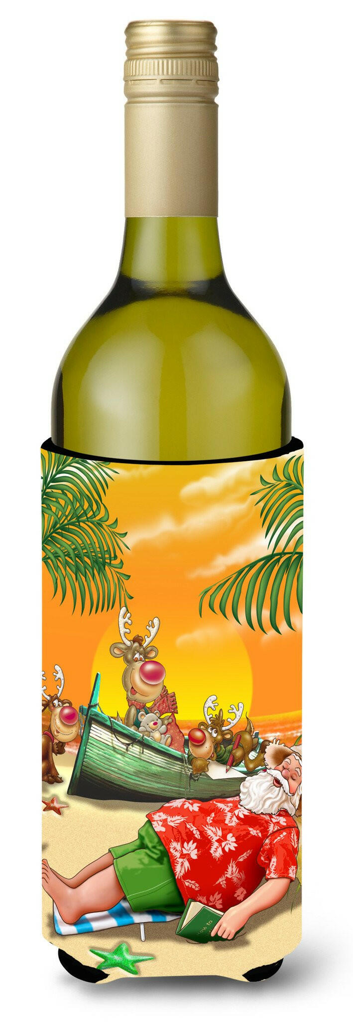 Beach Christmas Santa Claus Napping Wine Bottle Hugger Gift Sleeve for Standard 750 ml Bottles, Insulated Reusable Also Fits Mini Shot & Pint Bottles