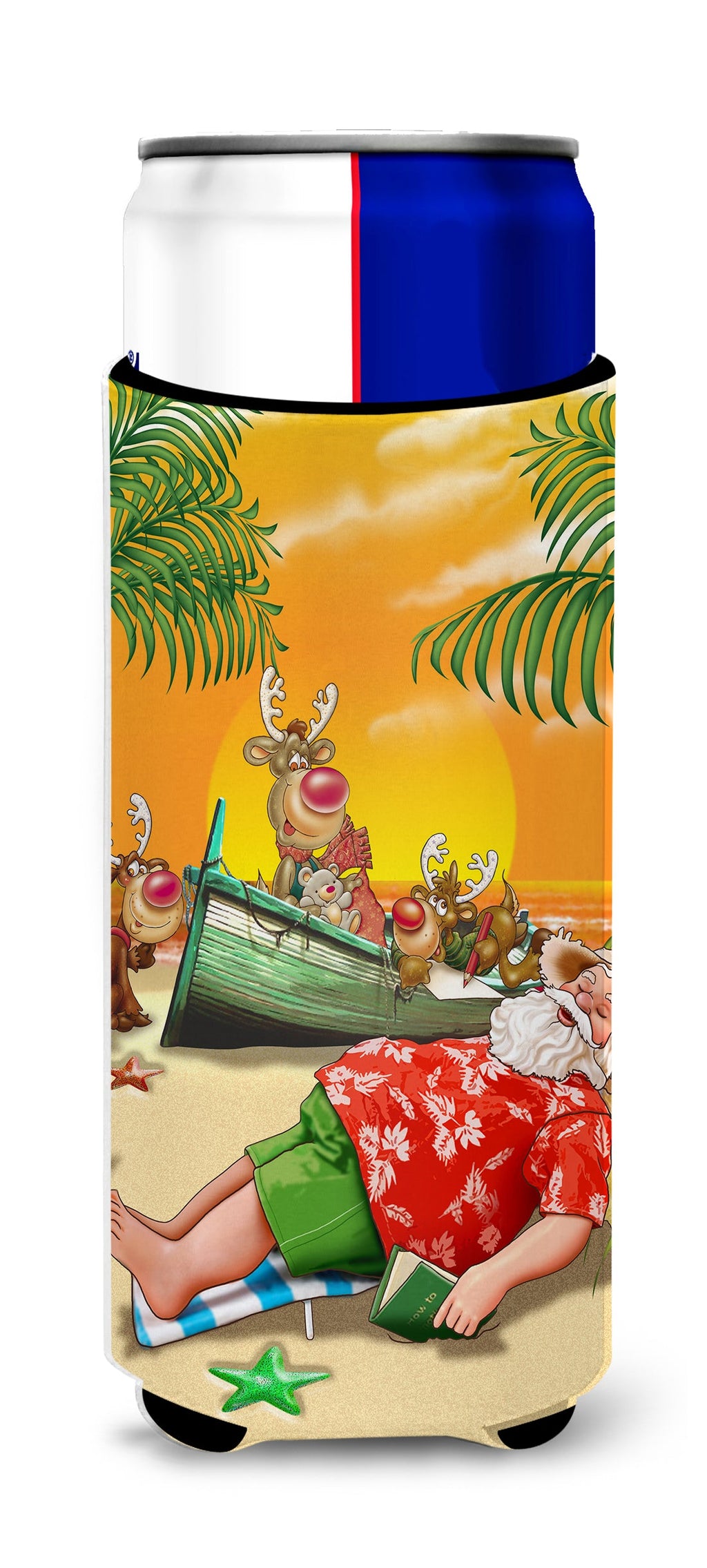 Beach Christmas Santa Claus Napping Slim Can Hugger , Insulated Foam Hugger for 12 oz Slim Cans, Beer Bottles & Water Bottles, Printed in USA