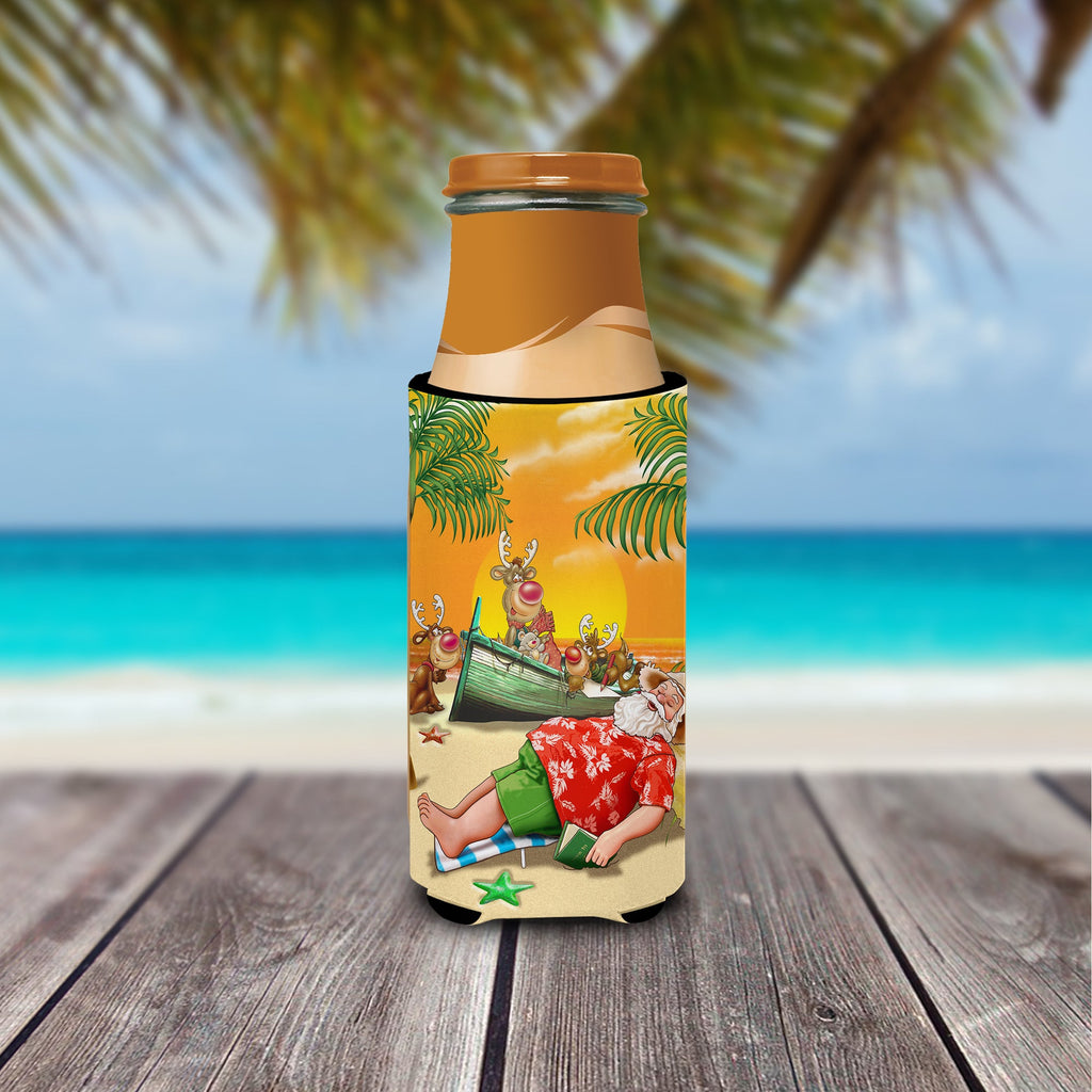 Beach Christmas Santa Claus Napping Slim Can Hugger , Insulated Foam Hugger for 12 oz Slim Cans, Beer Bottles & Water Bottles, Printed in USA
