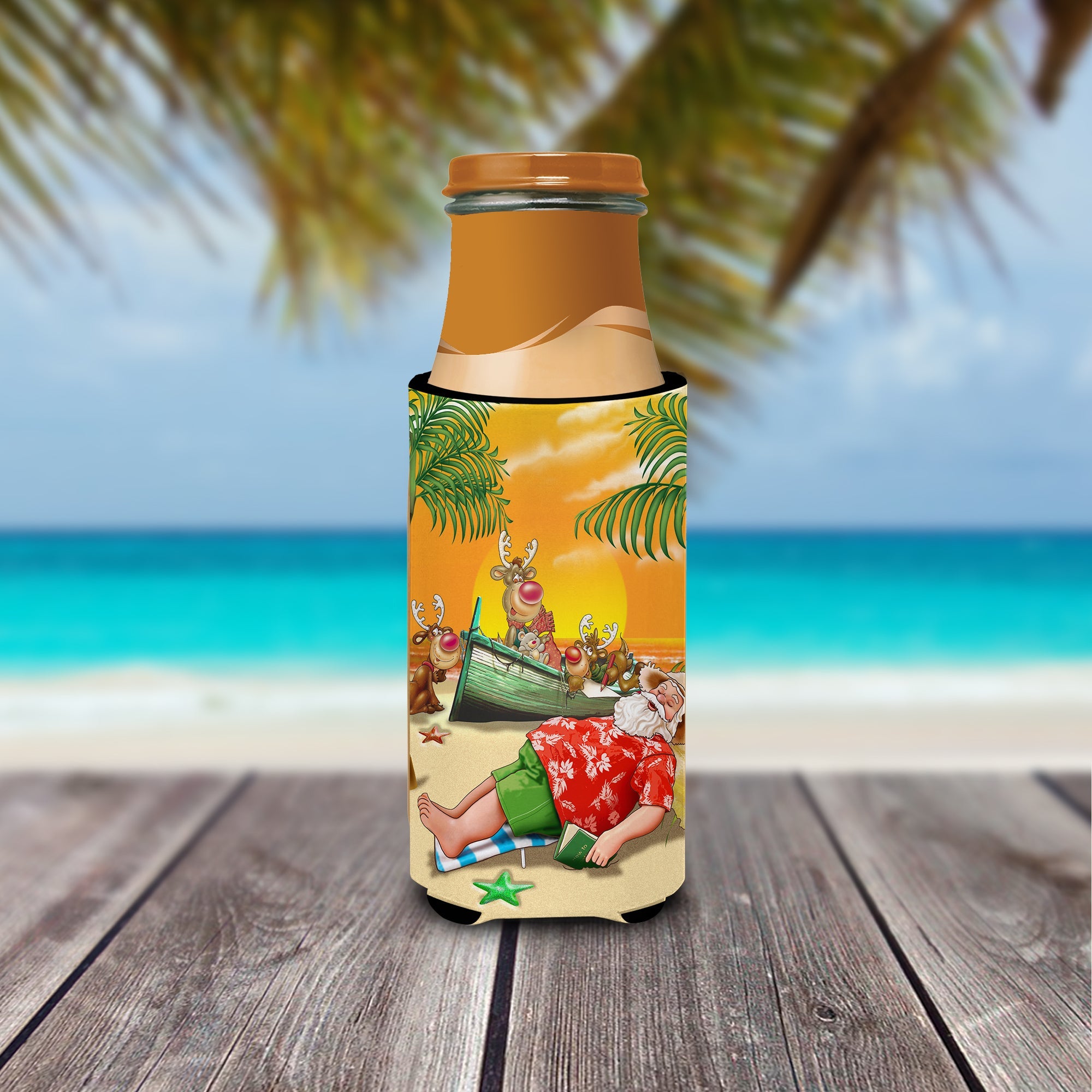 Beach Christmas Santa Claus Napping Slim Can Hugger , Insulated Foam Hugger for 12 oz Slim Cans, Beer Bottles & Water Bottles, Printed in USA