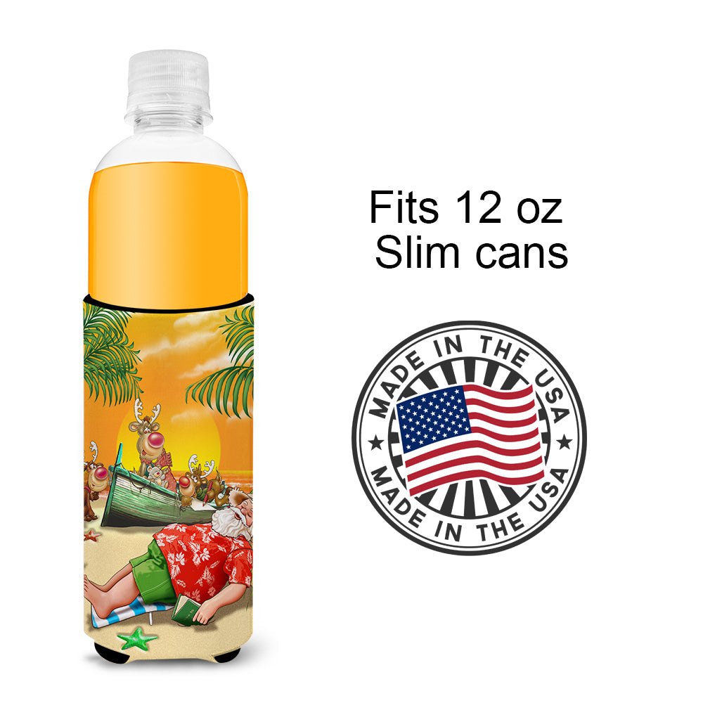 Beach Christmas Santa Claus Napping Slim Can Hugger , Insulated Foam Hugger for 12 oz Slim Cans, Beer Bottles & Water Bottles, Printed in USA