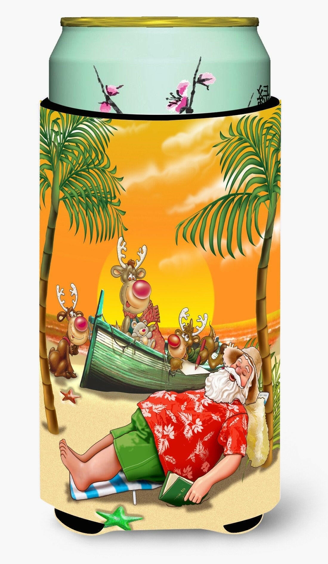 Beach Christmas Santa Claus Napping Tall Boy Hugger Can Cooler Sleeve Machine Washable Drink Collapsible Insulator Beverage Insulated Holder