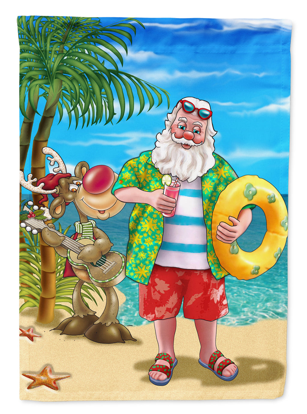 Beach Christmas Santa Claus Swimming House Flag 28x40 Porch Sleeve Pole Decorative Outside Yard Banner Artwork Wall Hanging, Polyester