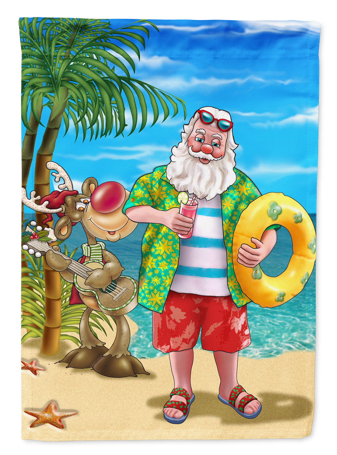 Beach Christmas Santa Claus Swimming House Flag 28x40 Porch Sleeve Pole Decorative Outside Yard Banner Artwork Wall Hanging, Polyester