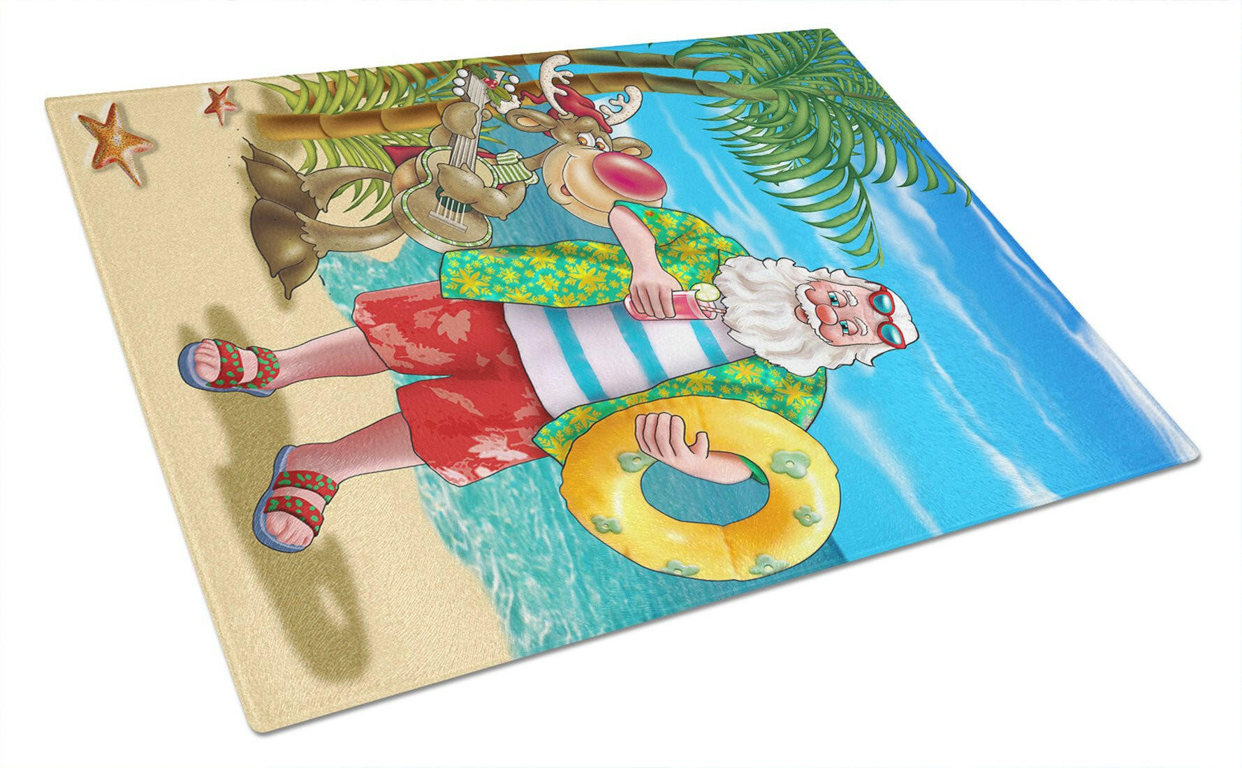 Beach Christmas Santa Claus Swimming Cutting Board Tempered Glass Kitchen Cutting Surface, Heat Resistant Chopping, Non-Slip Feet, Food Prep & Serving