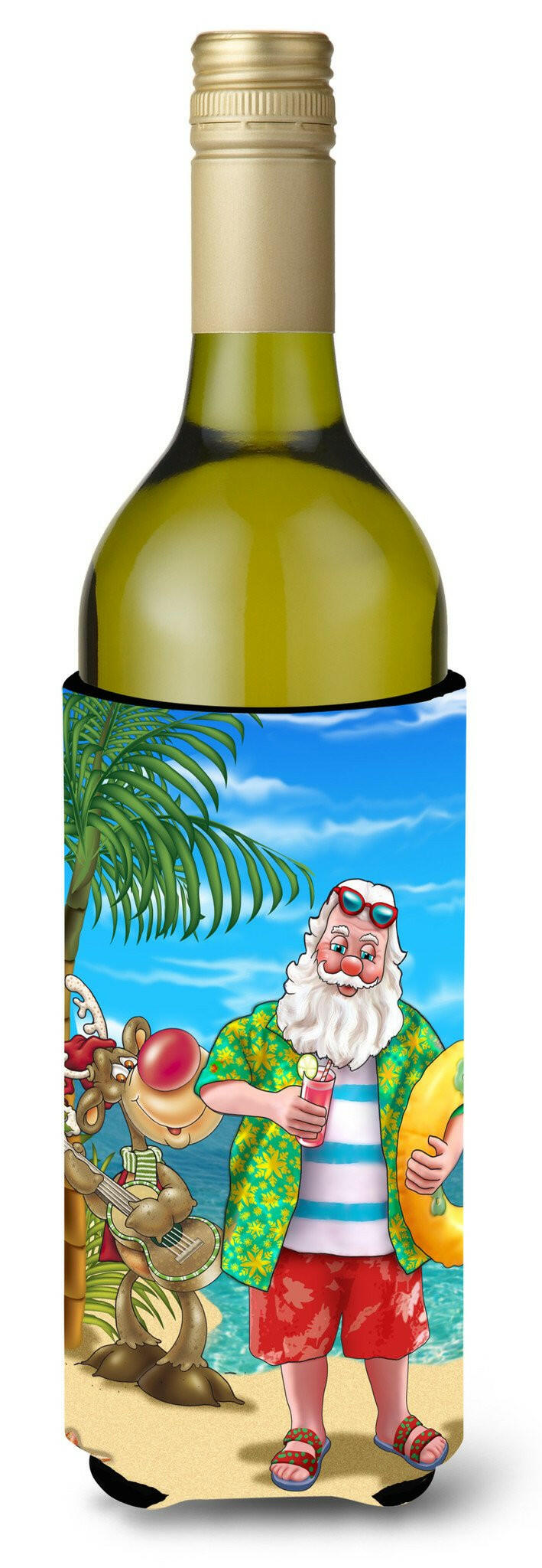 Beach Christmas Santa Claus Swimming Wine Bottle Hugger Gift Sleeve for Standard 750 ml Bottles, Insulated Reusable Also Fits Mini Shot & Pint Bottles