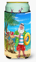 Beach Christmas Santa Claus Swimming Tall Boy Hugger Can Cooler Sleeve Machine Washable Drink Collapsible Insulator Beverage Insulated Holder
