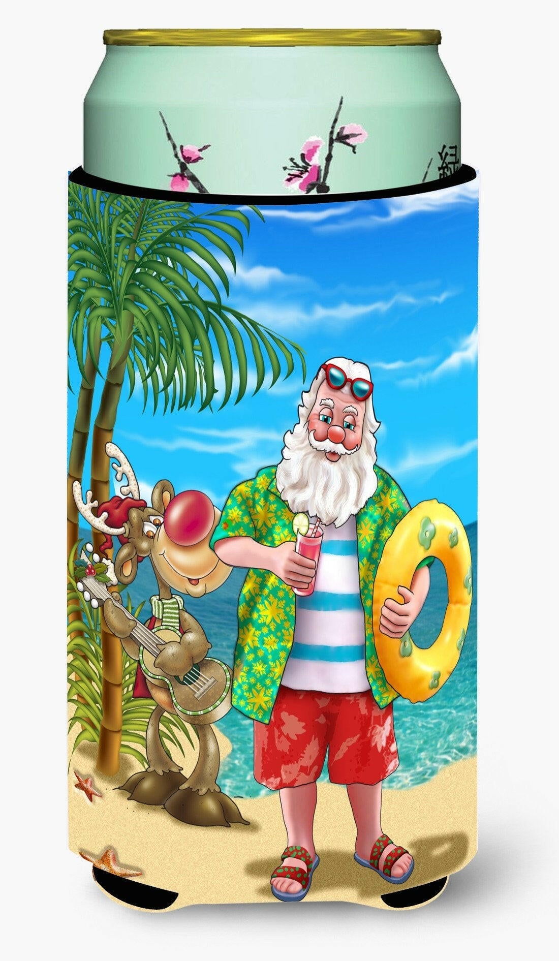 Beach Christmas Santa Claus Swimming Tall Boy Hugger Can Cooler Sleeve Machine Washable Drink Collapsible Insulator Beverage Insulated Holder