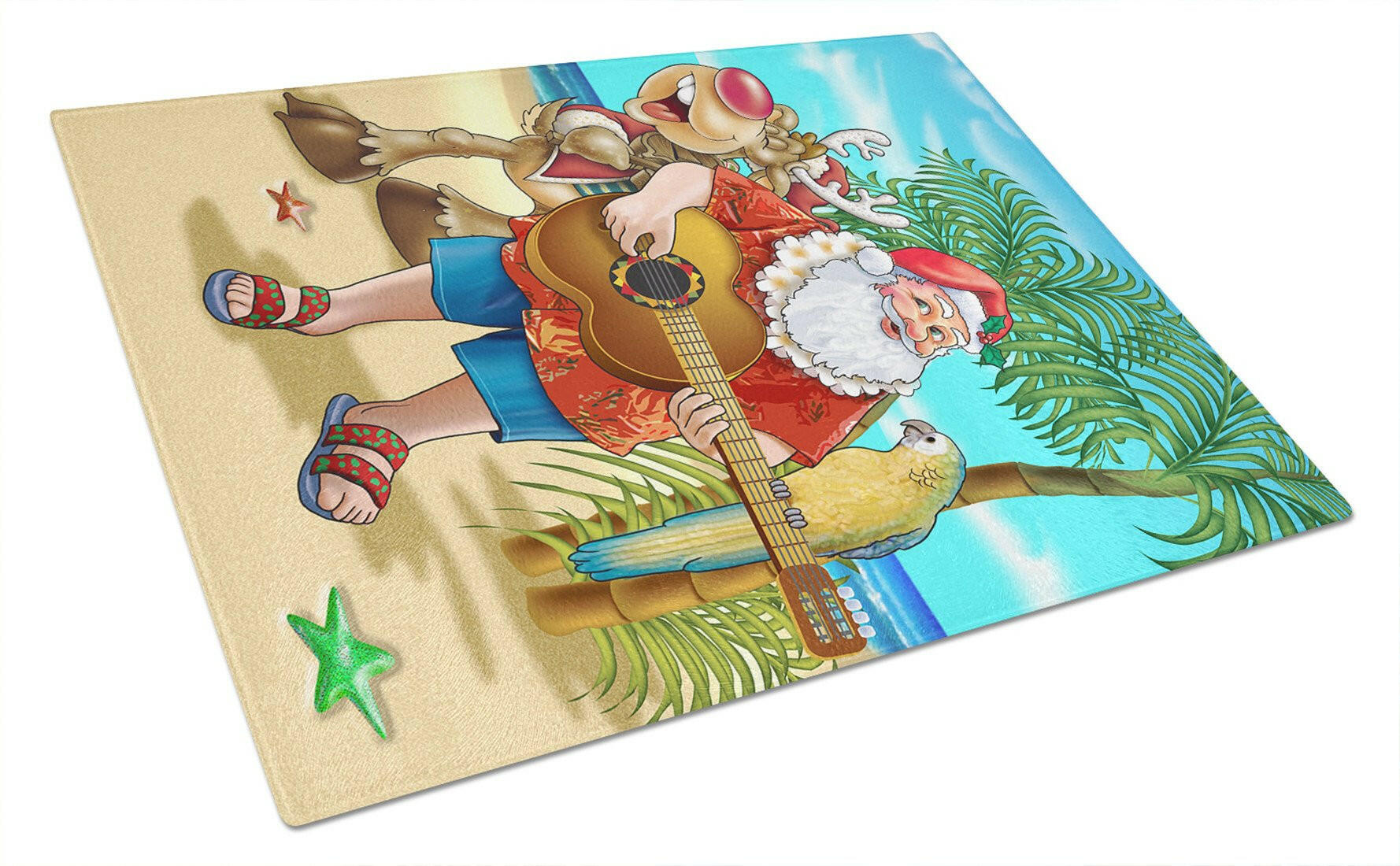 Beach Christmas Santa Claus Island Time Cutting Board Tempered Glass Kitchen Cutting Surface, Heat Resistant Chopping, Non-Slip Feet, Food Prep & Serving