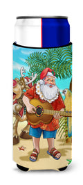 Beach Christmas Santa Claus Island Time Slim Can Hugger , Insulated Foam Hugger for 12 oz Slim Cans, Beer Bottles & Water Bottles, Printed in USA