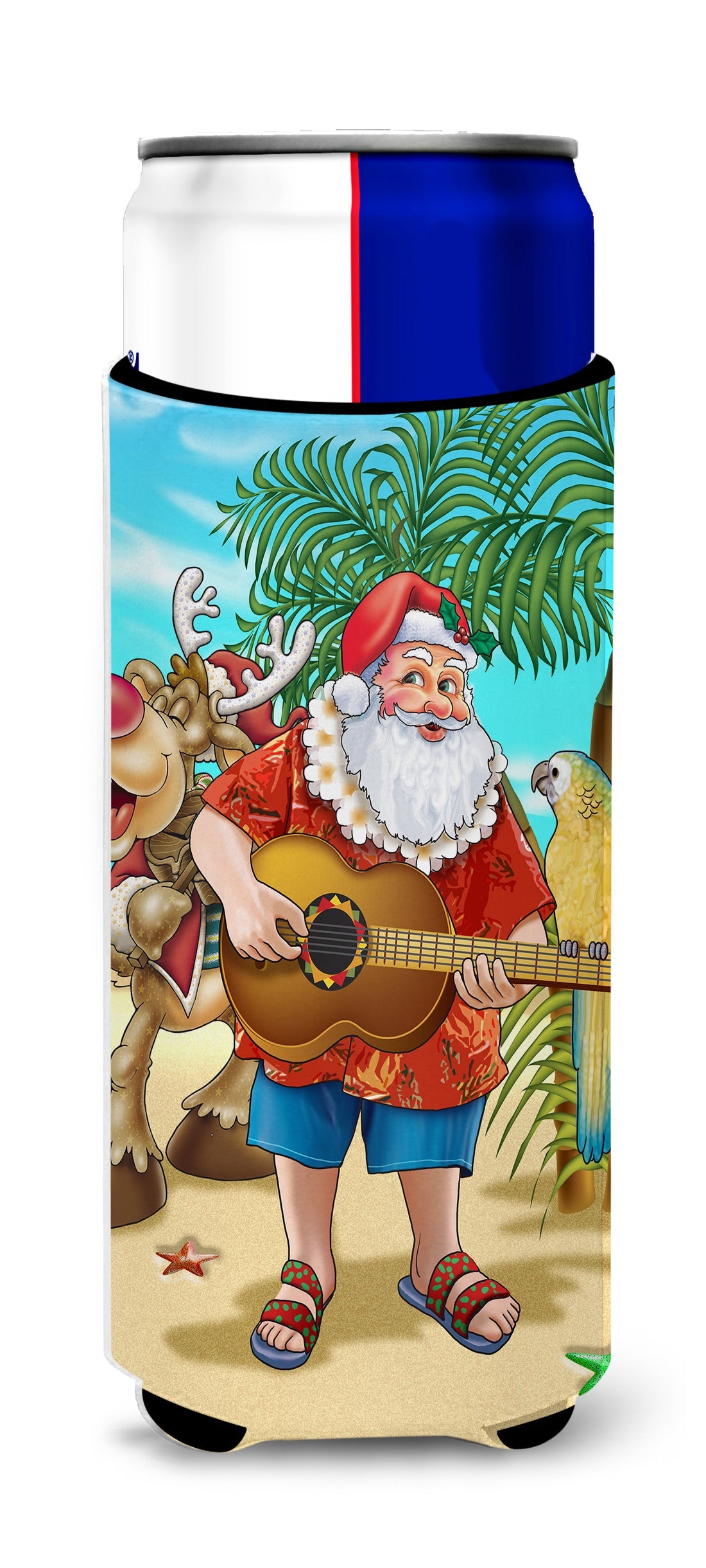 Beach Christmas Santa Claus Island Time Slim Can Hugger , Insulated Foam Hugger for 12 oz Slim Cans, Beer Bottles & Water Bottles, Printed in USA