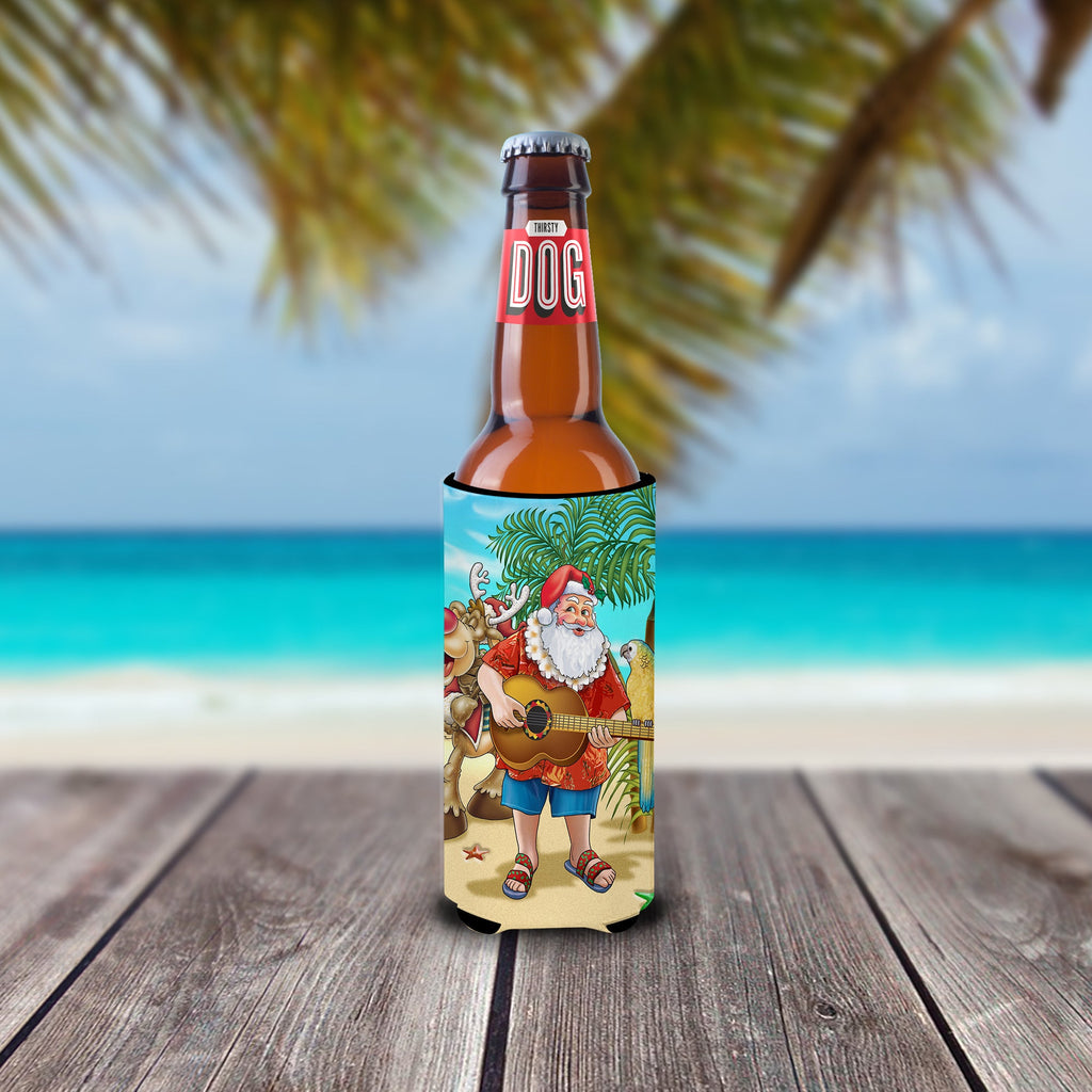 Beach Christmas Santa Claus Island Time Slim Can Hugger , Insulated Foam Hugger for 12 oz Slim Cans, Beer Bottles & Water Bottles, Printed in USA