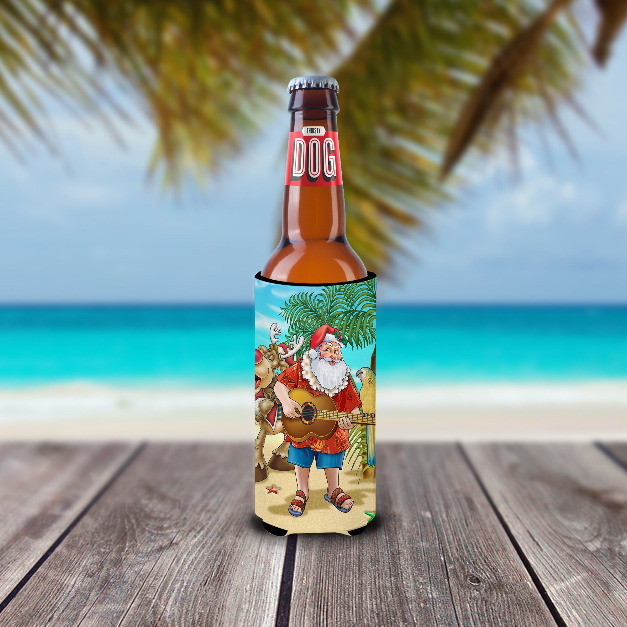 Beach Christmas Santa Claus Island Time Slim Can Hugger , Insulated Foam Hugger for 12 oz Slim Cans, Beer Bottles & Water Bottles, Printed in USA