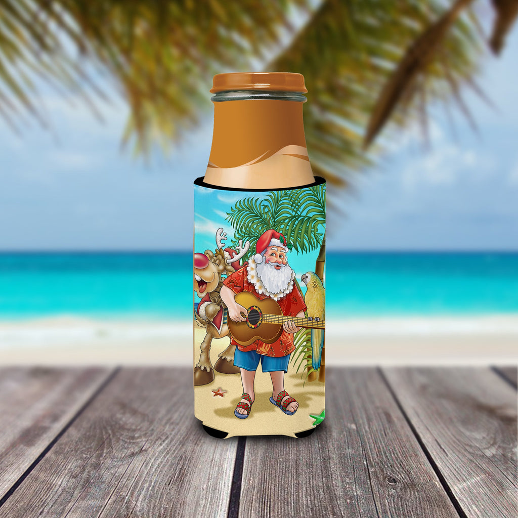 Beach Christmas Santa Claus Island Time Slim Can Hugger , Insulated Foam Hugger for 12 oz Slim Cans, Beer Bottles & Water Bottles, Printed in USA