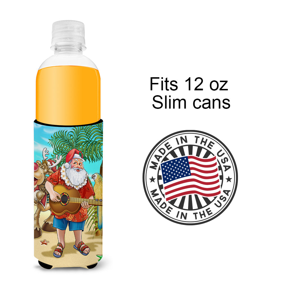 Beach Christmas Santa Claus Island Time Slim Can Hugger , Insulated Foam Hugger for 12 oz Slim Cans, Beer Bottles & Water Bottles, Printed in USA