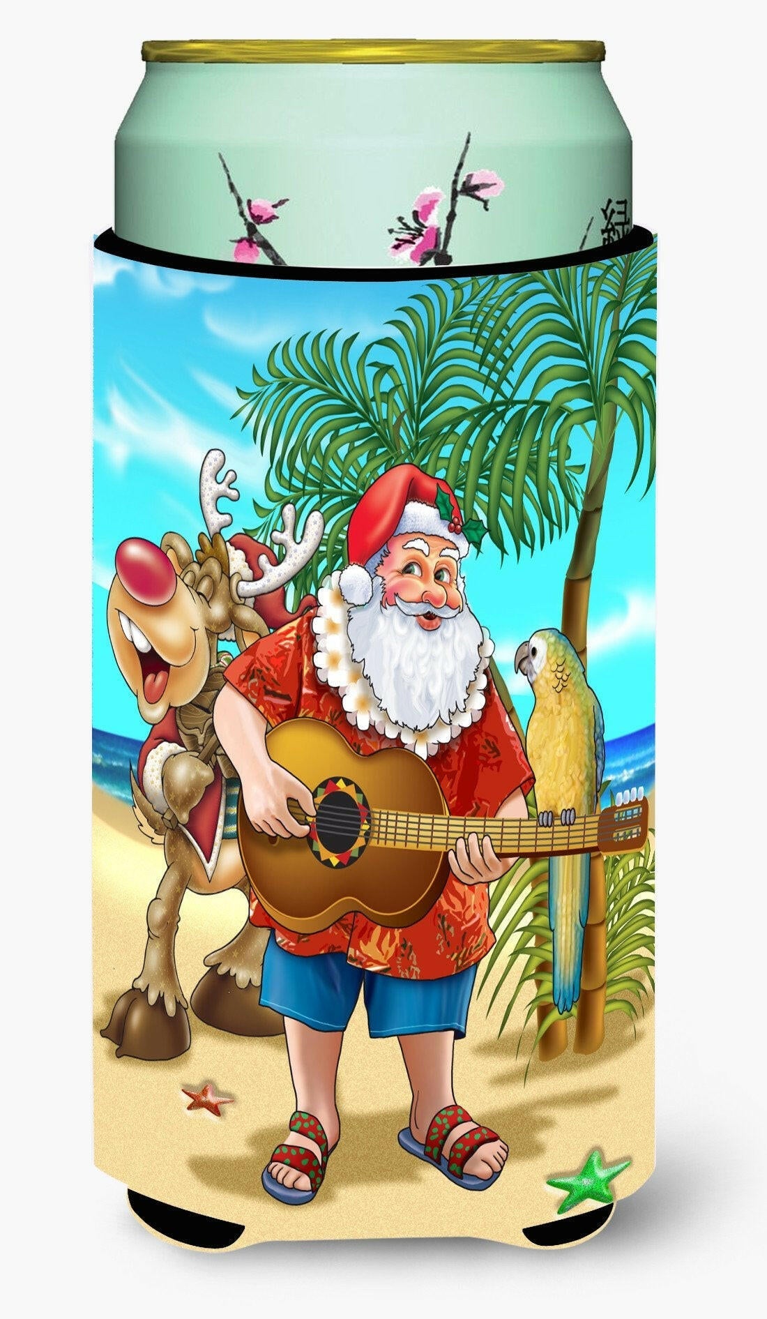 Beach Christmas Santa Claus Island Time Tall Boy Hugger Can Cooler Sleeve Machine Washable Drink Collapsible Insulator Beverage Insulated Holder