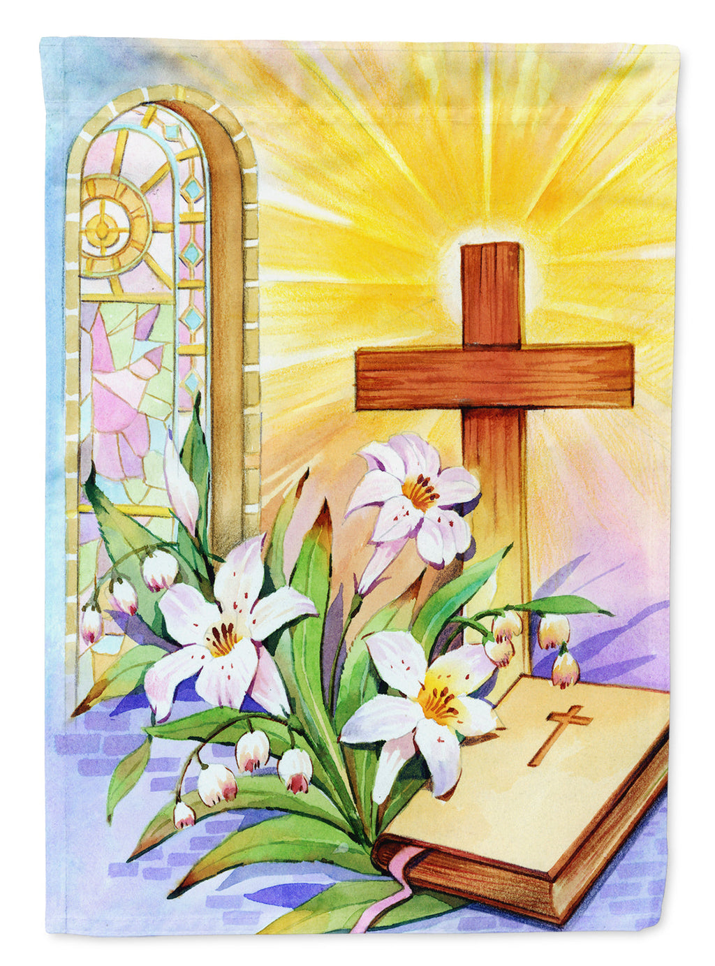 Easter Cross and Bible in Stain Glass Window House Flag 28x40 Porch Sleeve Pole Decorative Outside Yard Banner Artwork Wall Hanging, Polyester
