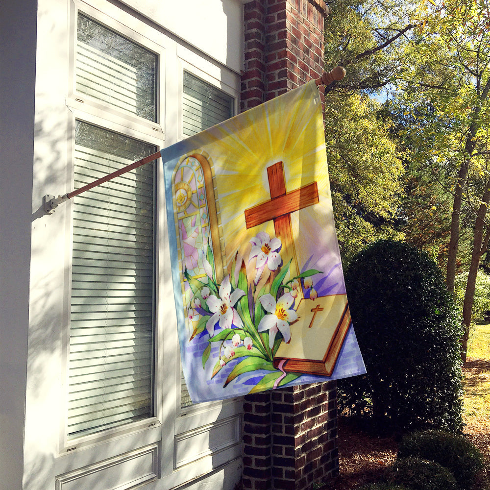 Easter Cross and Bible in Stain Glass Window House Flag 28x40 Porch Sleeve Pole Decorative Outside Yard Banner Artwork Wall Hanging, Polyester