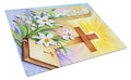 Easter Cross and Bible in Stain Glass Window Cutting Board Tempered Glass Kitchen Cutting Surface, Heat Resistant Chopping, Non-Slip Feet, Food Prep & Serving