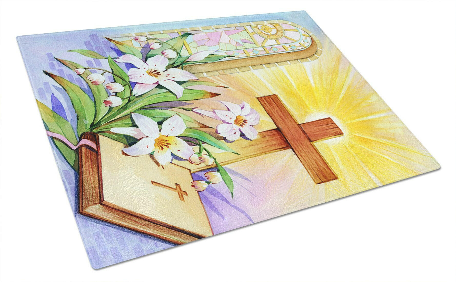 Easter Cross and Bible in Stain Glass Window Cutting Board Tempered Glass Kitchen Cutting Surface, Heat Resistant Chopping, Non-Slip Feet, Food Prep & Serving