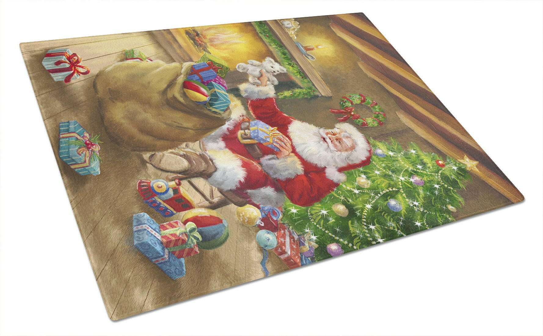 Christmas Santa Claus Unloading Toys Cutting Board Tempered Glass Kitchen Cutting Surface, Heat Resistant Chopping, Non-Slip Feet, Food Prep & Serving