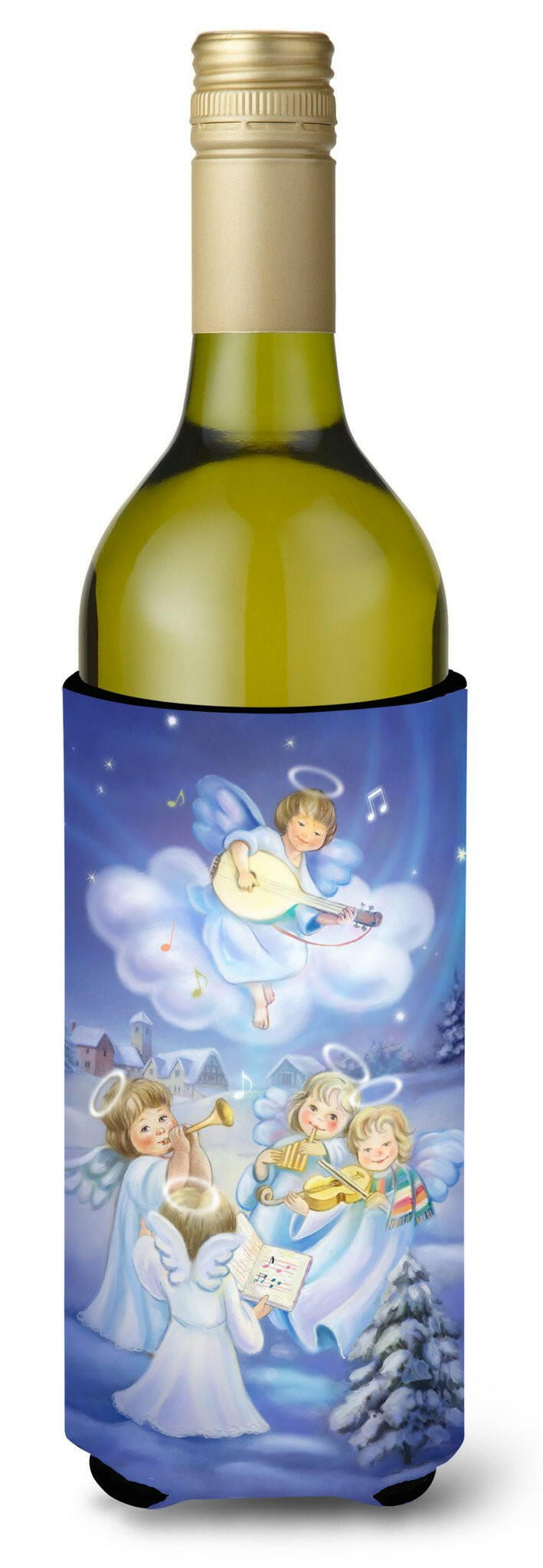 Angels around the Tree Wine Bottle Hugger Gift Sleeve for Standard 750 ml Bottles, Insulated Reusable Also Fits Mini Shot & Pint Bottles