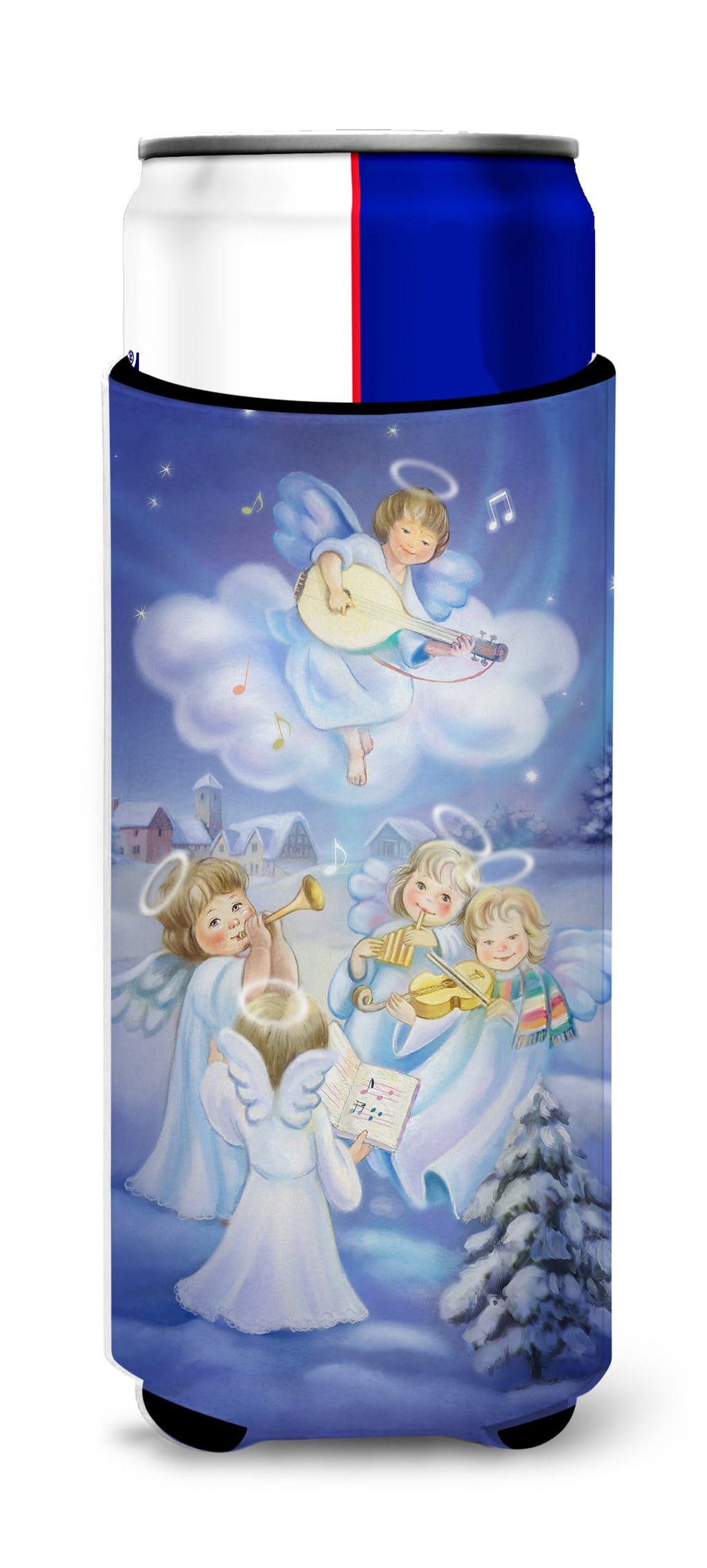 Angels around the Tree Slim Can Hugger , Insulated Foam Hugger for 12 oz Slim Cans, Beer Bottles & Water Bottles, Printed in USA