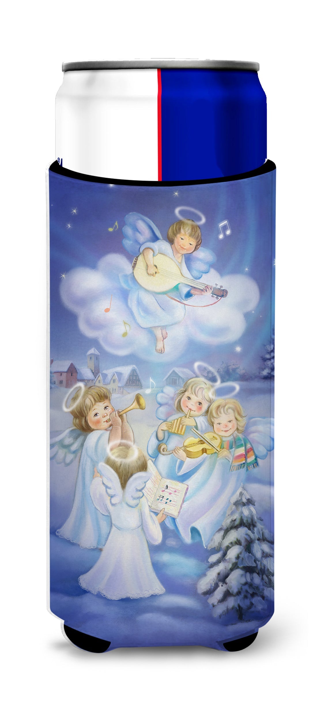 Angels around the Tree Slim Can Hugger , Insulated Foam Hugger for 12 oz Slim Cans, Beer Bottles & Water Bottles, Printed in USA