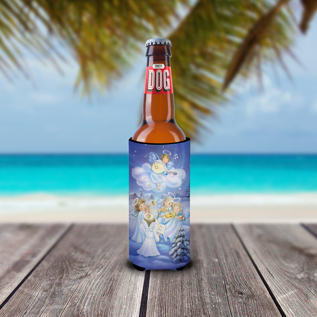 Angels around the Tree Slim Can Hugger , Insulated Foam Hugger for 12 oz Slim Cans, Beer Bottles & Water Bottles, Printed in USA