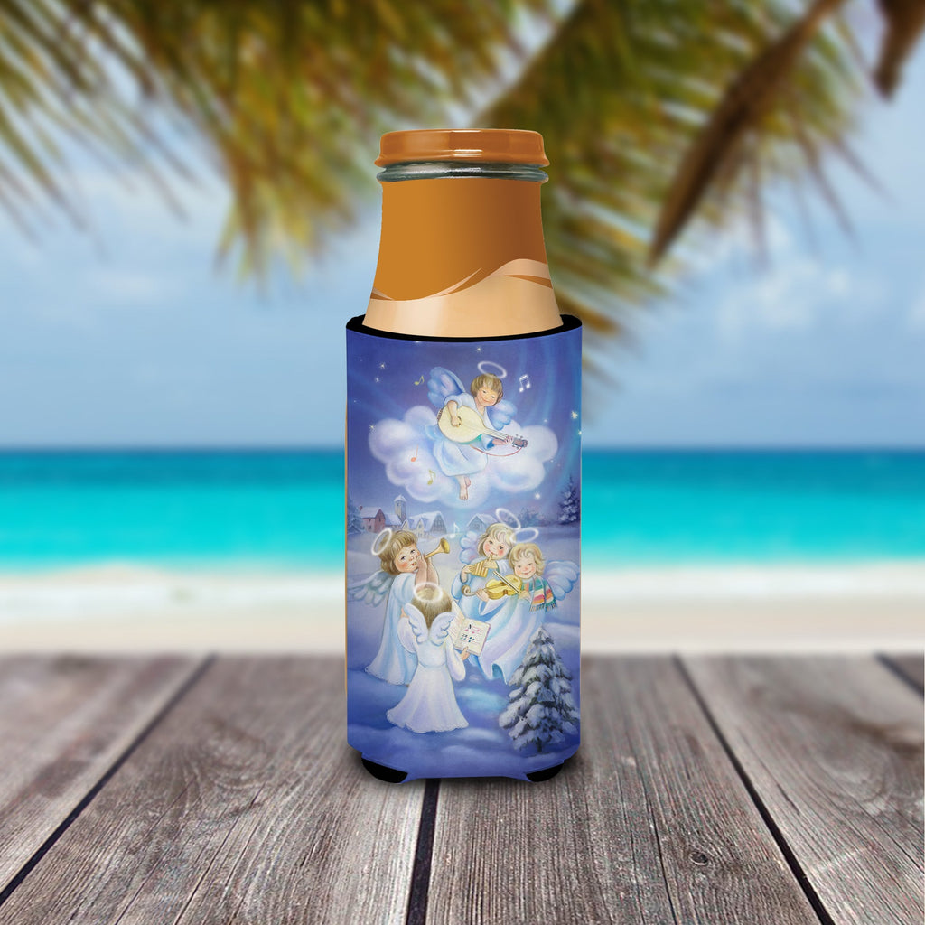 Angels around the Tree Slim Can Hugger , Insulated Foam Hugger for 12 oz Slim Cans, Beer Bottles & Water Bottles, Printed in USA