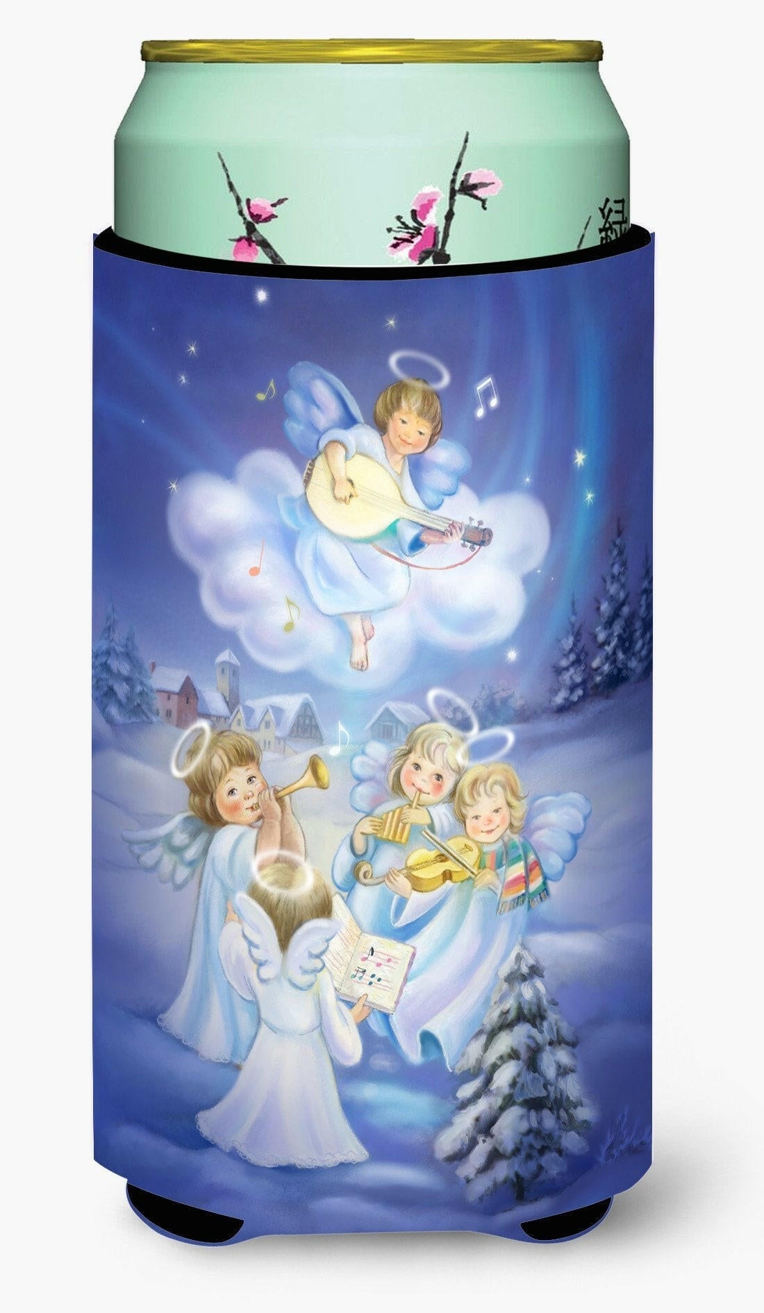 Angels around the Tree Tall Boy Hugger Can Cooler Sleeve Machine Washable Drink Collapsible Insulator Beverage Insulated Holder