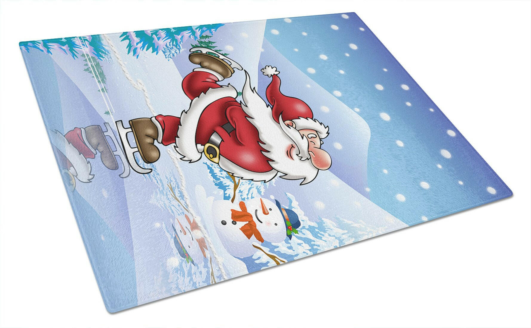 Christmas Santa Claus Ice Skating Cutting Board Tempered Glass Kitchen Cutting Surface, Heat Resistant Chopping, Non-Slip Feet, Food Prep & Serving
