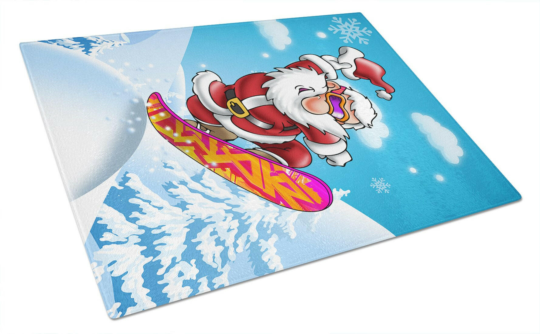 Christmas Santa Claus Snowboarding Cutting Board Tempered Glass Kitchen Cutting Surface, Heat Resistant Chopping, Non-Slip Feet, Food Prep & Serving