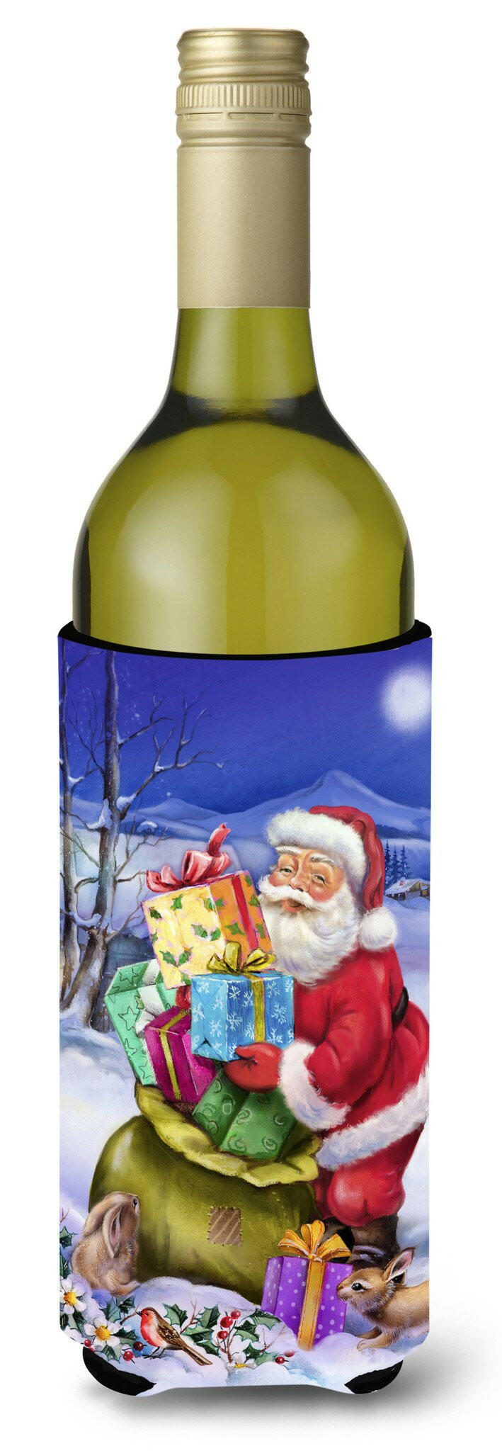 Christmas Santa Claus with Rabbits Wine Bottle Hugger Gift Sleeve for Standard 750 ml Bottles, Insulated Reusable Also Fits Mini Shot & Pint Bottles