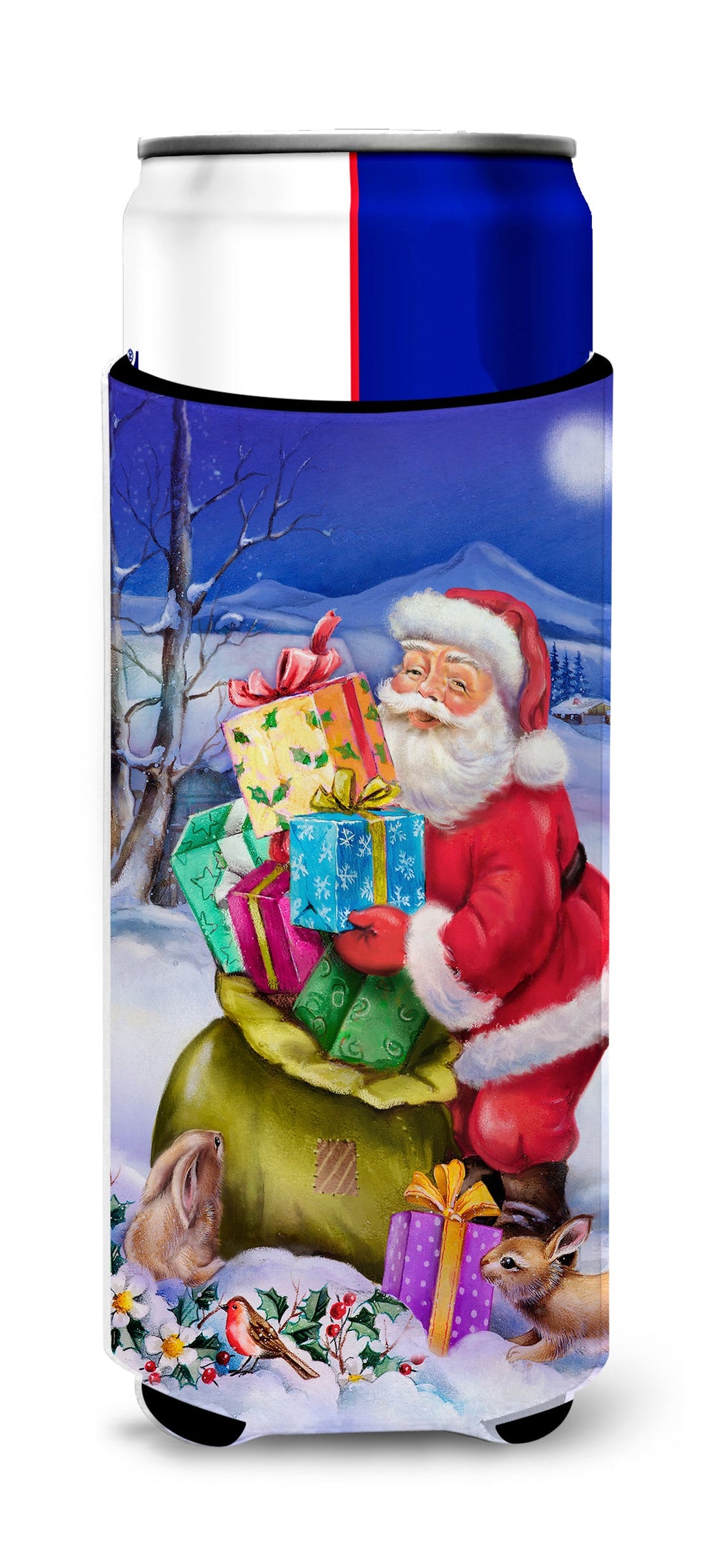 Christmas Santa Claus with Rabbits Slim Can Hugger , Insulated Foam Hugger for 12 oz Slim Cans, Beer Bottles & Water Bottles, Printed in USA