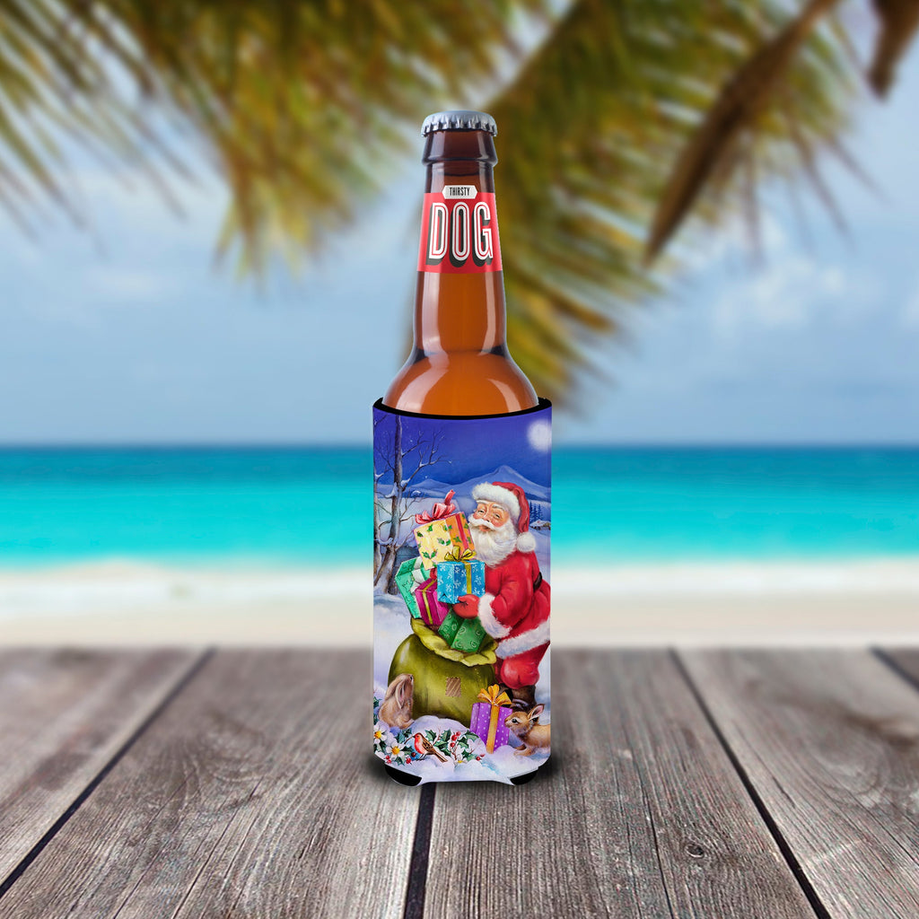 Christmas Santa Claus with Rabbits Slim Can Hugger , Insulated Foam Hugger for 12 oz Slim Cans, Beer Bottles & Water Bottles, Printed in USA