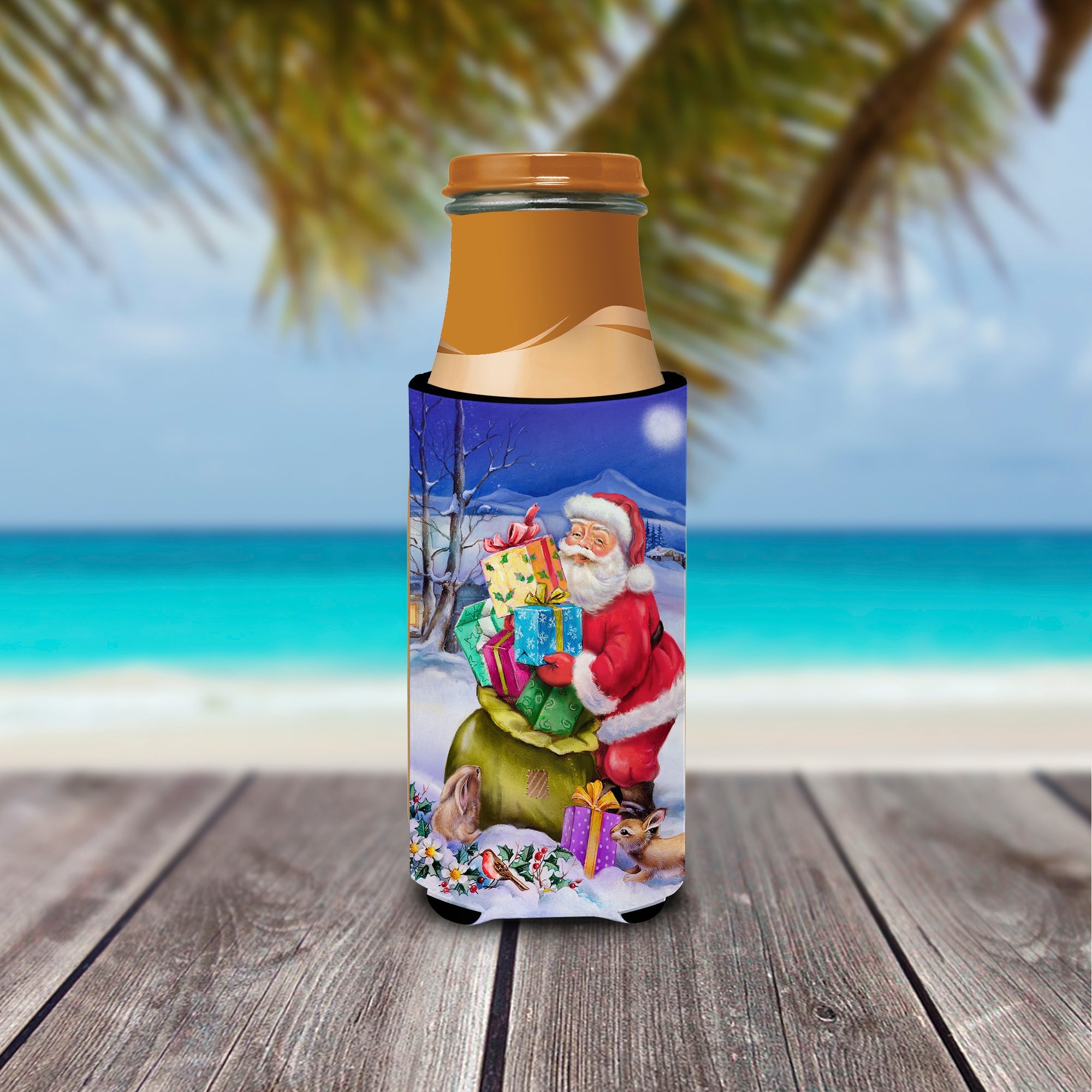 Christmas Santa Claus with Rabbits Slim Can Hugger , Insulated Foam Hugger for 12 oz Slim Cans, Beer Bottles & Water Bottles, Printed in USA