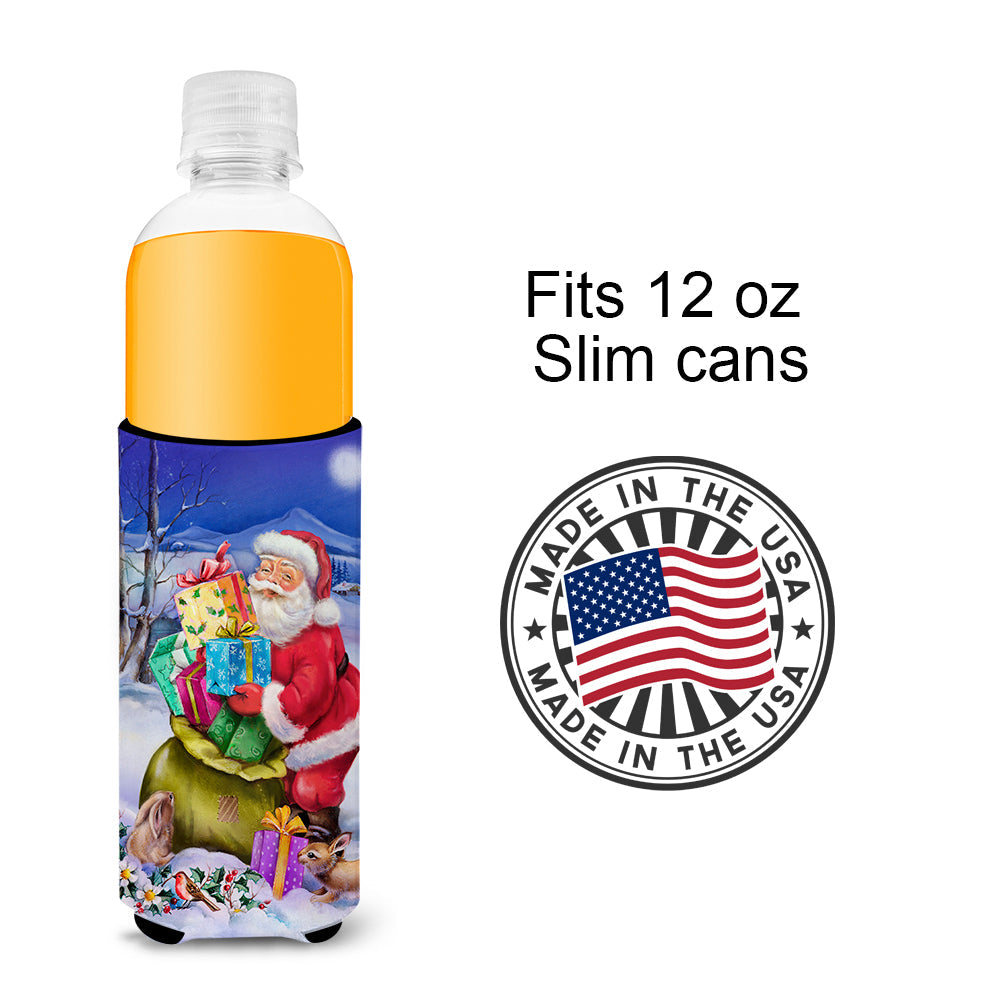 Christmas Santa Claus with Rabbits Slim Can Hugger , Insulated Foam Hugger for 12 oz Slim Cans, Beer Bottles & Water Bottles, Printed in USA