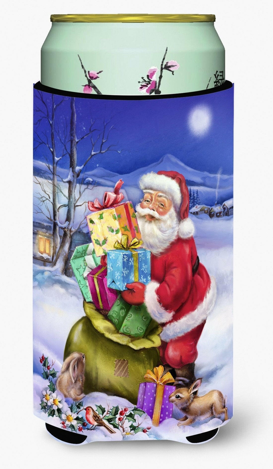 Christmas Santa Claus with Rabbits Tall Boy Hugger Can Cooler Sleeve Machine Washable Drink Collapsible Insulator Beverage Insulated Holder
