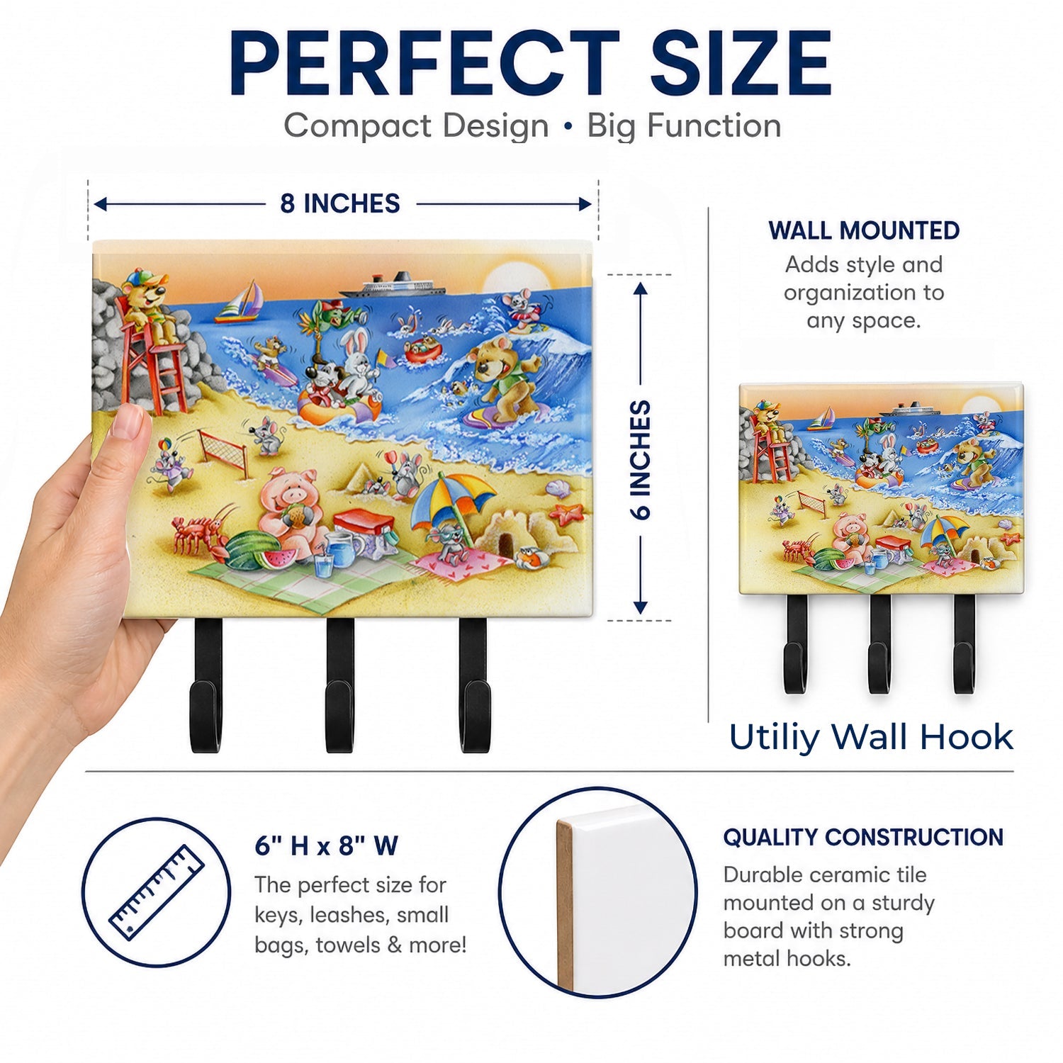 Animals Swimming at the Beach Leash or Key Holder Wall Hooks, Coat Rack Wall Mount, for Hanging Keys, Towels, Aprons, Leashes