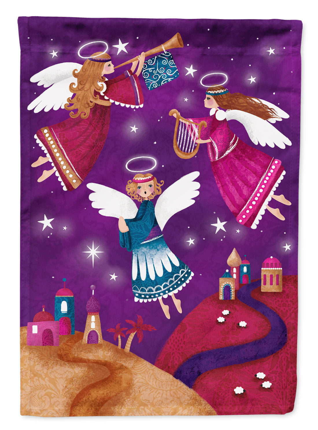 Christmas Angels in Purple House Flag 28x40 Porch Sleeve Pole Decorative Outside Yard Banner Artwork Wall Hanging, Polyester