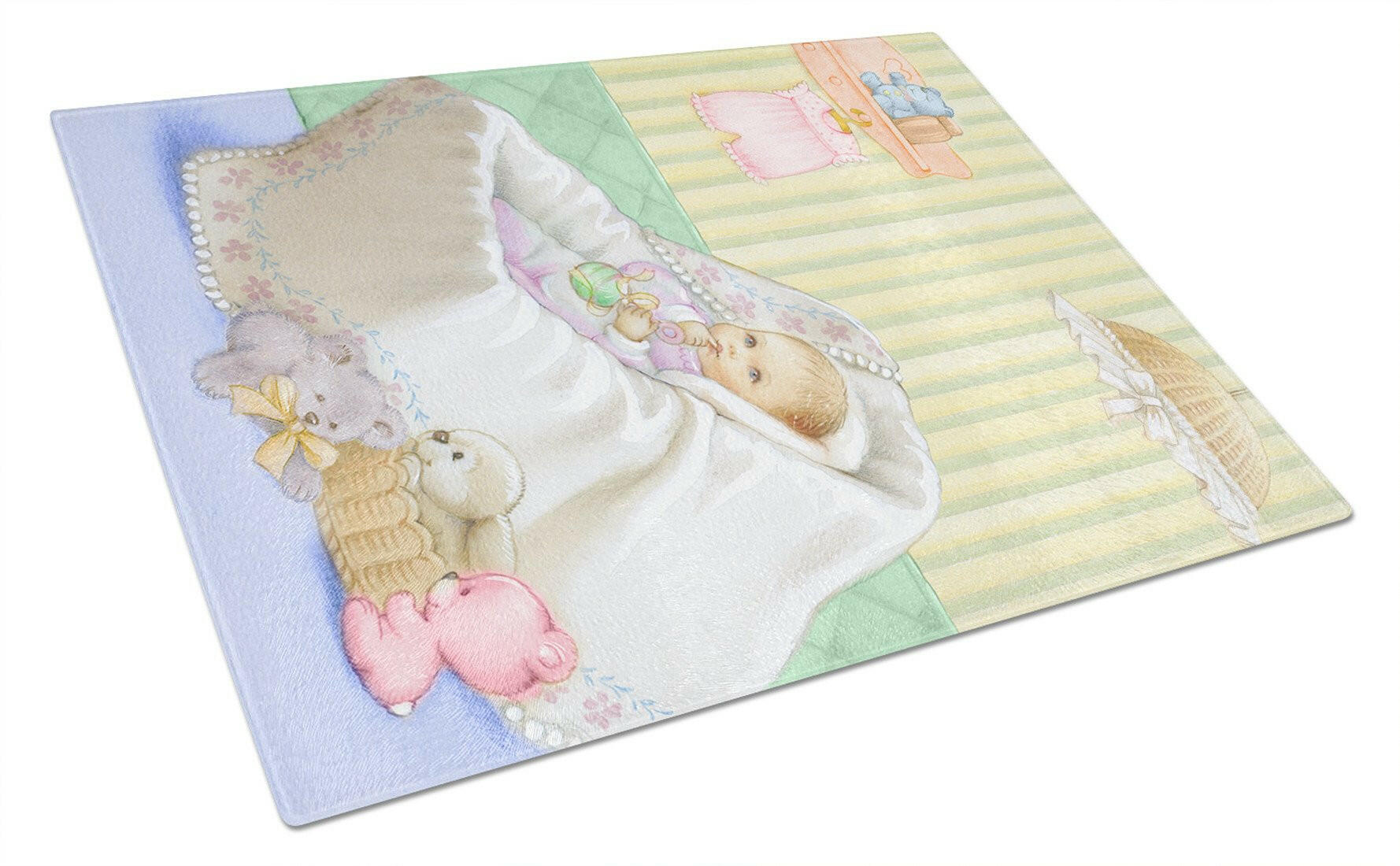 New Baby in Crib Cutting Board Tempered Glass Kitchen Cutting Surface, Heat Resistant Chopping, Non-Slip Feet, Food Prep & Serving
