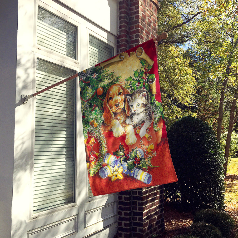 Christmas Puppy and Kitten House Flag 28x40 Porch Sleeve Pole Decorative Outside Yard Banner Artwork Wall Hanging, Polyester